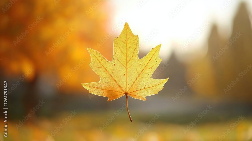 Single maple leaf floating, autumn park, sunset Single maple leaf floating, autumn park, sunset