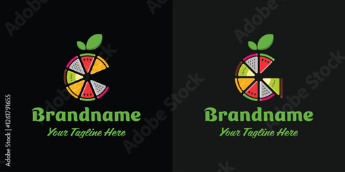 Letter C and G Juice Logo, made up of sliced watermelons, oranges, kiwi, and dragon fruit