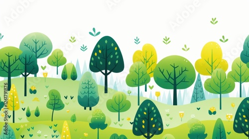 Cartoon Style Nature Landscape Trees on Green Hills Illustration with Leaf Accents