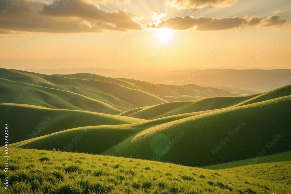 Obraz premium Serene Sunset Over Rolling Hills with Warm Golden Light and Soft Clouds