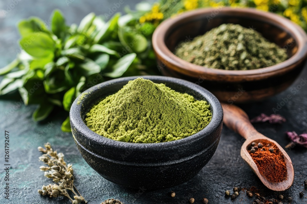 Green and brown herbal powder in bowls with fresh herbs Green and brown herbal powder in bowls with fresh herbs
