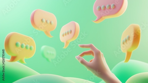 Hand reaching for colorful chat bubbles.