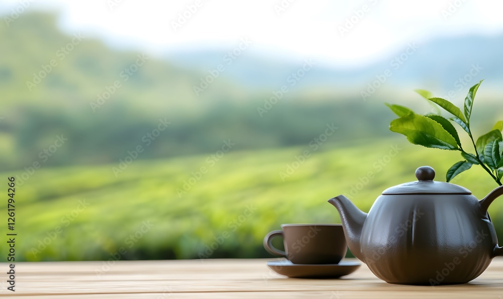 There is a beautiful teapot with cups in the foreground and a green tea plantation in the background. Generative AI There is a beautiful teapot with cups in the foreground and a green tea plantation in the background. Generative AI