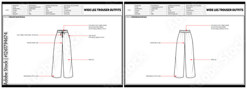 Women Nightwear Wide Leg Trouser Fashion Design Technical Tech Pack.