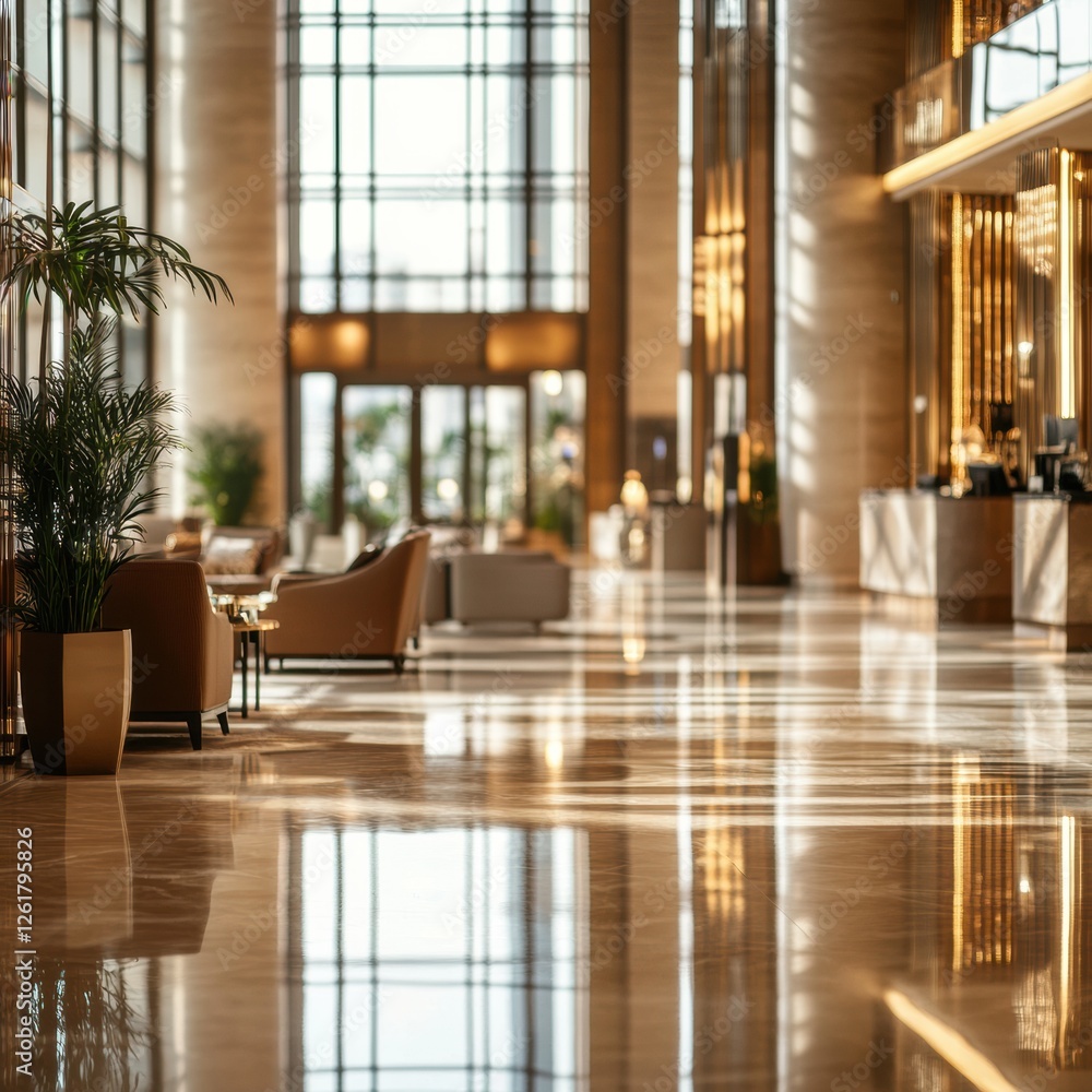 Elegant Hotel Lobby Interior with Polished Floors and Natural Light Creating a Luxurious Ambiance Elegant Hotel Lobby Interior with Polished Floors and Natural Light Creating a Luxurious Ambiance