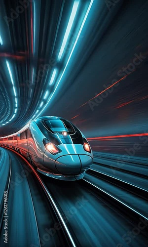 High-speed train navigating through a neon-lit tunnel
