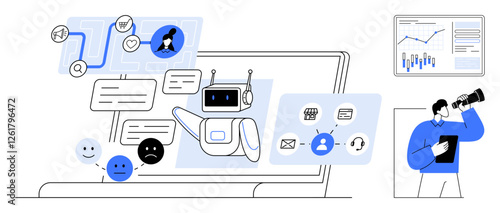 AI chatbot interacting with emoticons, user icons, and communication tools on laptop screen. Businessperson with telescope analyzes data on chart. Ideal for AI, customer service, business analytics