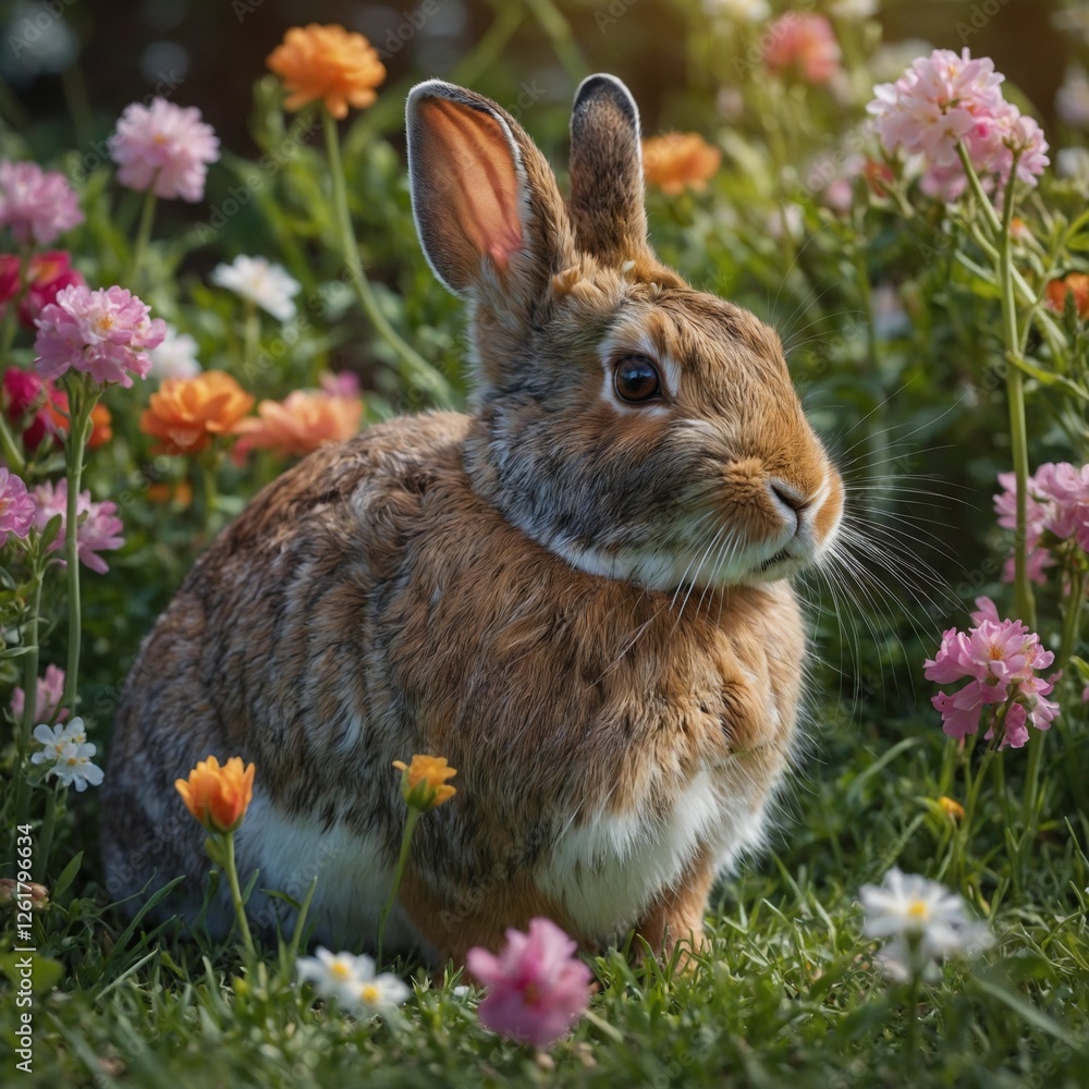 Fototapeta premium A rabbit in a quaint, small cage in a peaceful meadow filled with vibrant wildflowers. A small, fierce rabbit with its ears perked up, surrounded by spring wildflowers in a meadow.