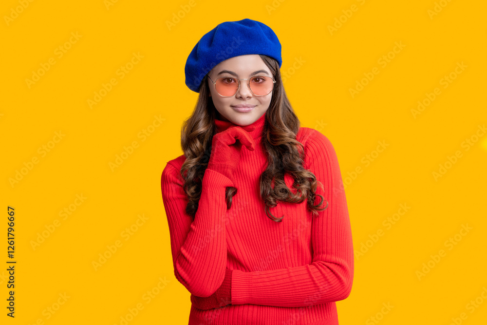 Teen girl wear sunglasses. Autumn fashion girl. Face portrait of teenager girl. Fall fashion style for teen. Trendy portrait of fall style. Girl in autumn coat isolated on yellow Teen girl wear sunglasses. Autumn fashion girl. Face portrait of teenager girl. Fall fashion style for teen. Trendy portrait of fall style. Girl in autumn coat isolated on yellow