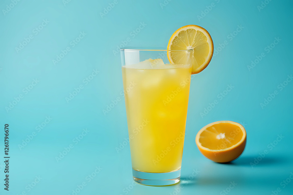 Squeezed orange juice garnished with orange slice on blue background Squeezed orange juice garnished with orange slice on blue background