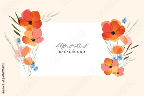 Spring floral background. Luxury wallpaper design with orange flowers, line art. Wildflower frame seamless border.