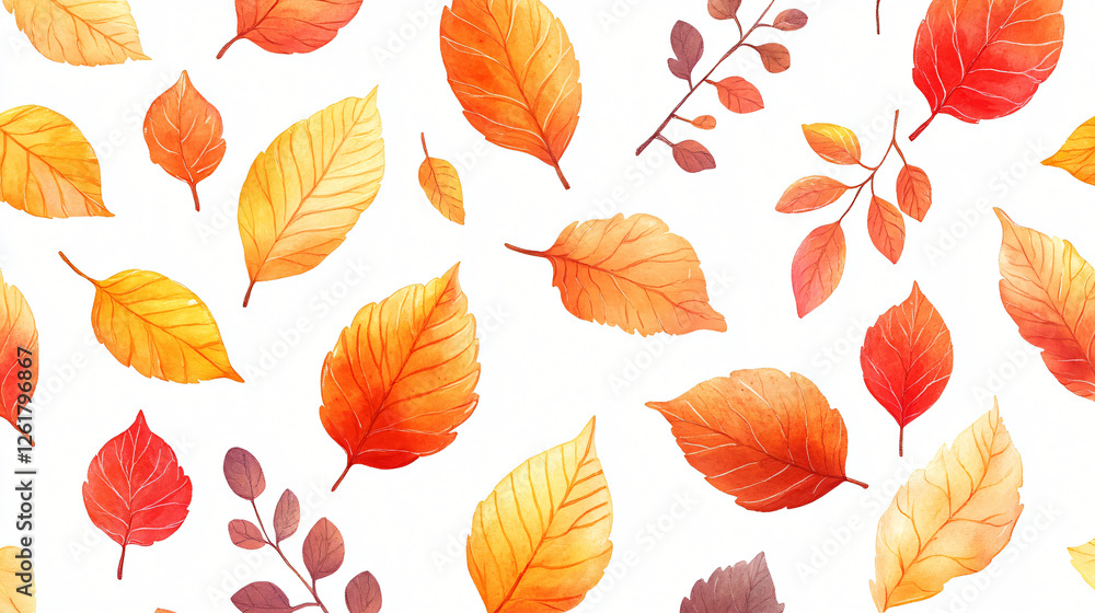 Obraz premium Autumn Watercolor Leaves Pattern: A charming seamless pattern featuring vibrant watercolor autumn leaves in warm shades of red, orange, and yellow, perfect for fall-themed designs.