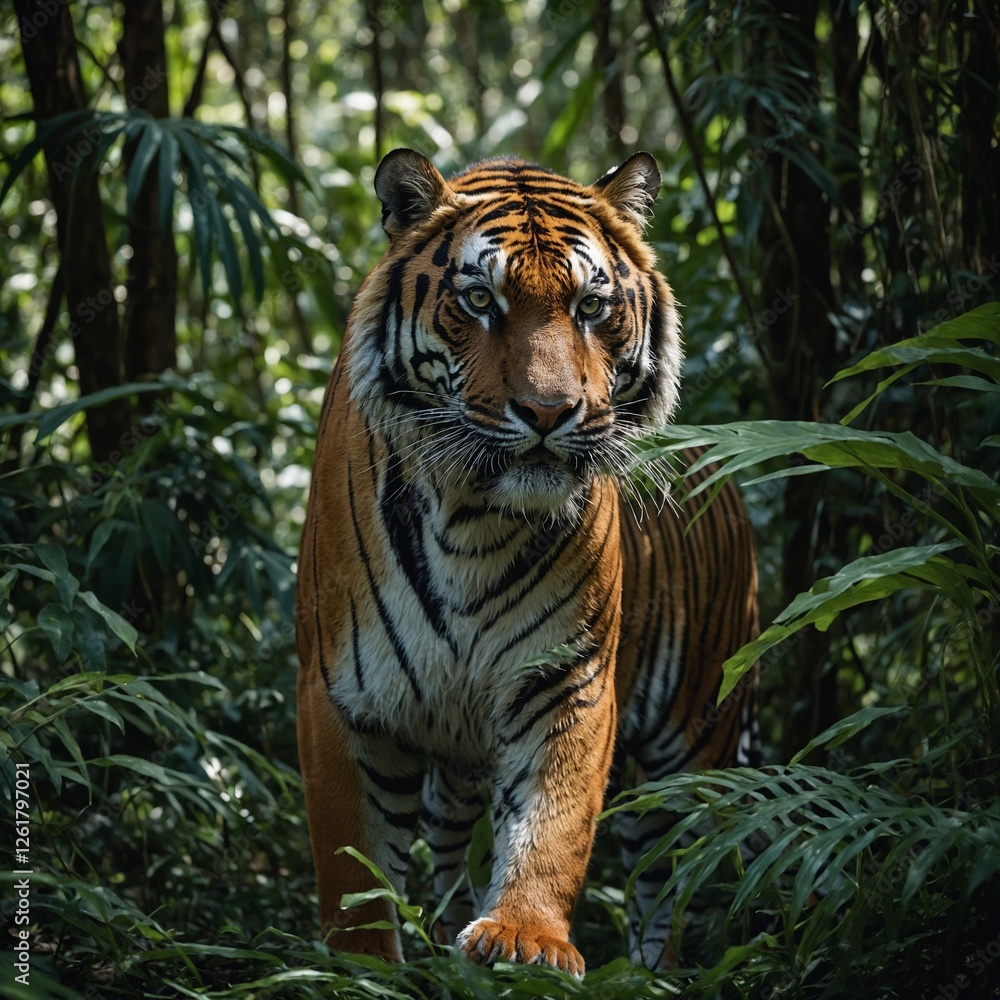 Fototapeta premium tiger in the jungle A regal tiger walking through a dense jungle, with soft light filtering through the foliage. A tiger prowling in the jungle. A majestic tiger stalking through the jungle at dawn. A