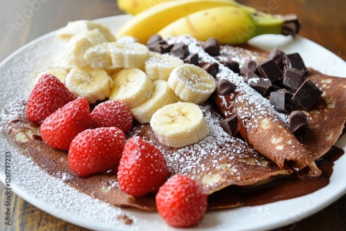 Delicious Chocolate Crepes with Strawberries and Bananas photo