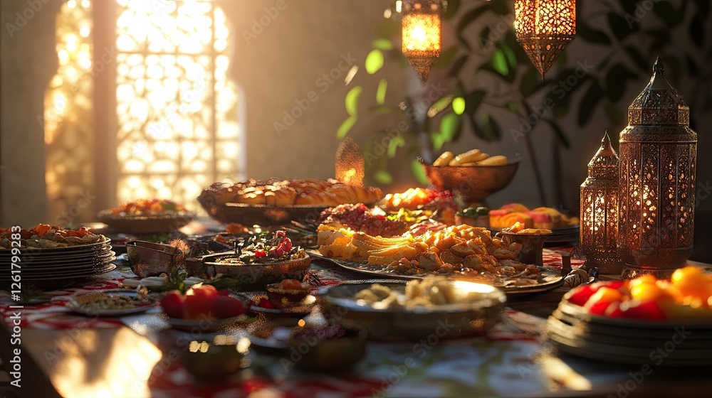 3D representation of a Ramadan feast spread across a beautifully lit table. 3D representation of a Ramadan feast spread across a beautifully lit table.