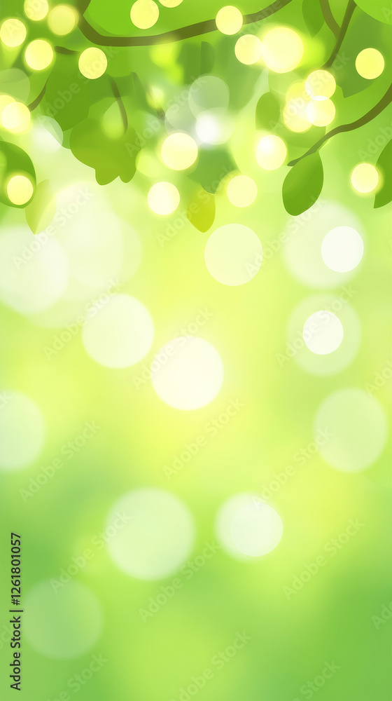 Green leaves and bokeh lights create serene, natural background Green leaves and bokeh lights create serene, natural background