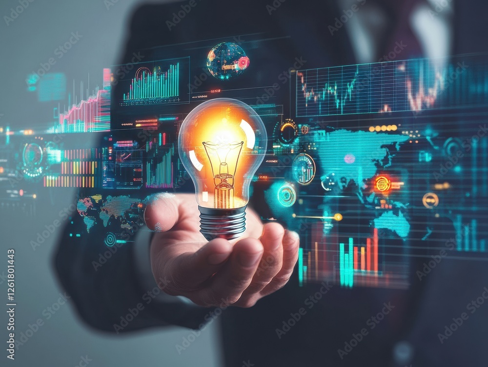 Obraz premium Idea Generation with Hand Holding Lightbulb Displaying Data Driven Insights and Global Connectivity
