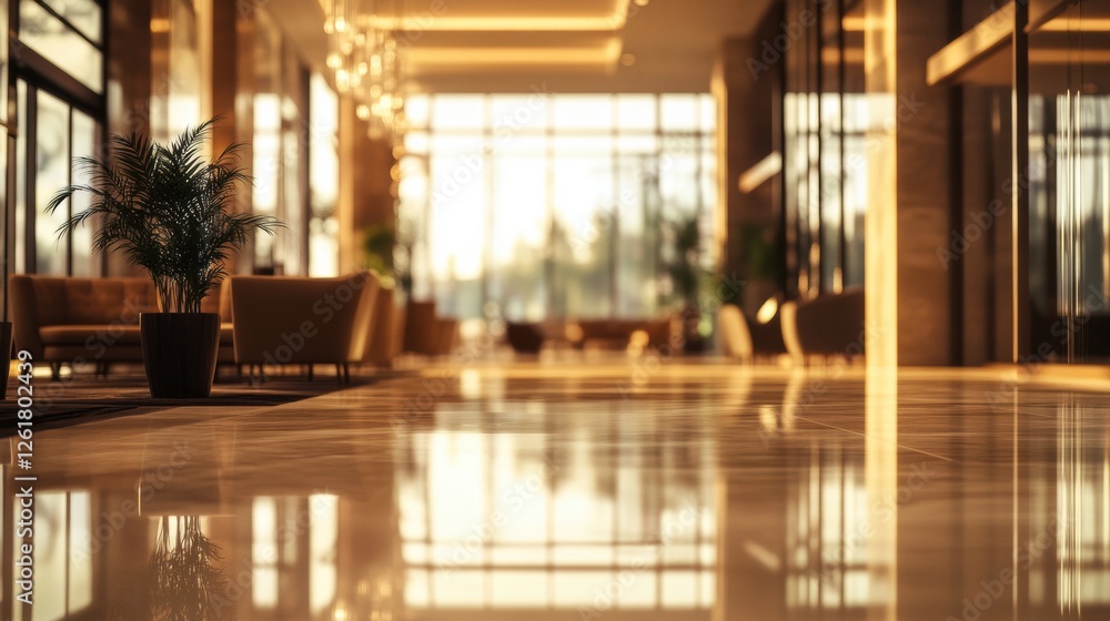 Interior Design of Lobby with Potted Plant and Shiny Floor at Sunrise Time and Sunny Outlook Interior Design of Lobby with Potted Plant and Shiny Floor at Sunrise Time and Sunny Outlook