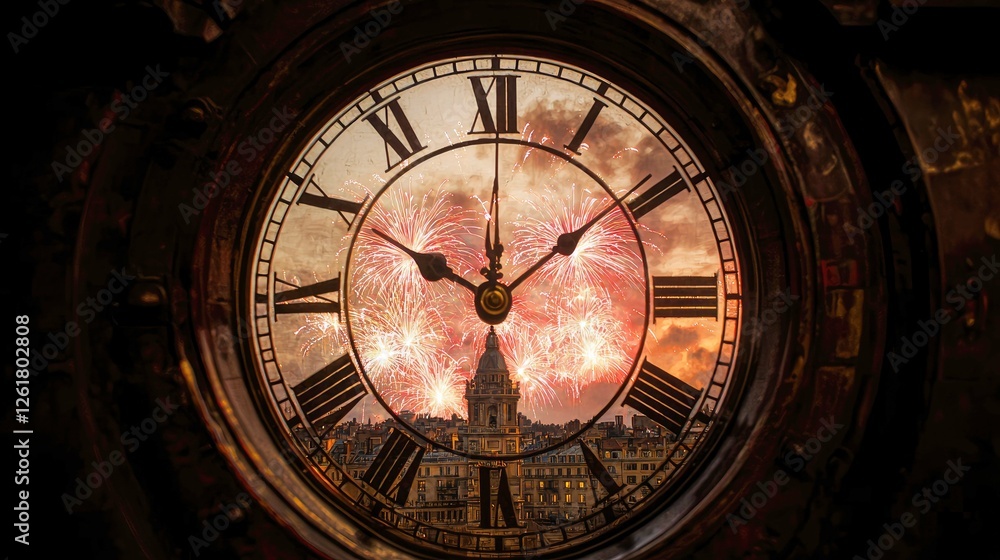 Spectacular New Year's Eve Fireworks over Cityscape at Midnight. A stunning view through an antique clock Spectacular New Year's Eve Fireworks over Cityscape at Midnight. A stunning view through an antique clock