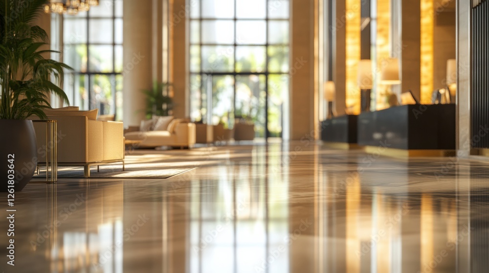 Fototapeta premium Luxurious Lobby Interior Design with Elegant Seating and Reflective Flooring in Hospitality Space