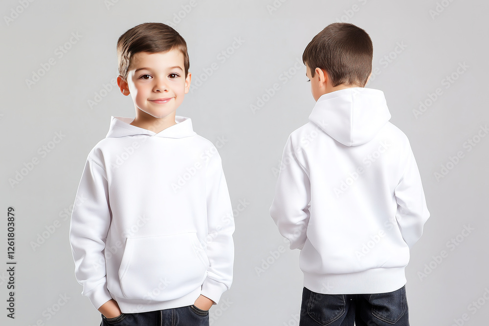 boy wearing a white long-sleeve hoodie sweatshirt mockup front and back used as a design template boy wearing a white long-sleeve hoodie sweatshirt mockup front and back used as a design template
