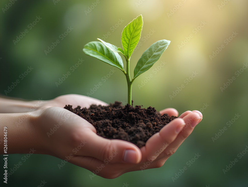 Hand holding sprouting plant for forest conservation concept. Hand holding sprouting plant for forest conservation concept.