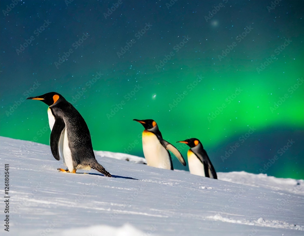 Fototapeta premium Capturing the Playful Interaction of Penguins Sliding Down an Icy Slope Under the Glow of the Aurora Australis