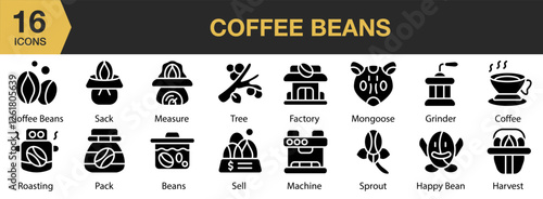 Coffee Beans solid icon set. Includes aroma, bean, cappuccino, arabica, seed, and More. Solid icons vector collection.