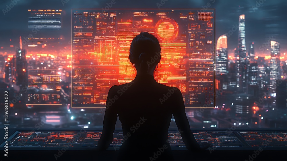 Fototapeta premium A female CEO's profile infused with real-time AI-powered corporate analytics, futuristic leadership intelligence, and a radiant smart city skyline, cinematic sci-fi business storytelling,