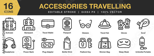 Accessories Traveling icon set. Editable Stroke Icon Collection. Includes journey, travel, trip, summer, accessories, and More. Outline icons vector collection.