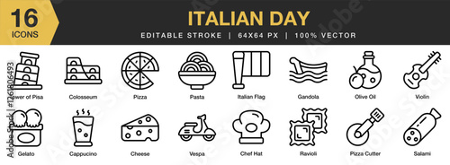Italian Day icon set. Editable Stroke Icon Collection. Includes day, italy, europe, celebration, national, and More. Outline icons vector collection.