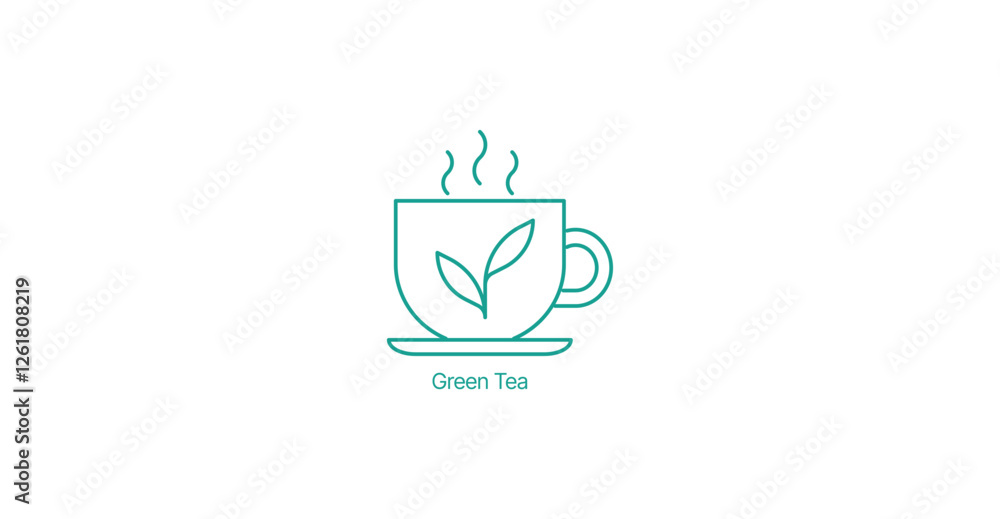 Green Tea Leaves and Cup Vector Icon, Herbal Skincare, Wellness Green Tea Leaves and Cup Vector Icon, Herbal Skincare, Wellness