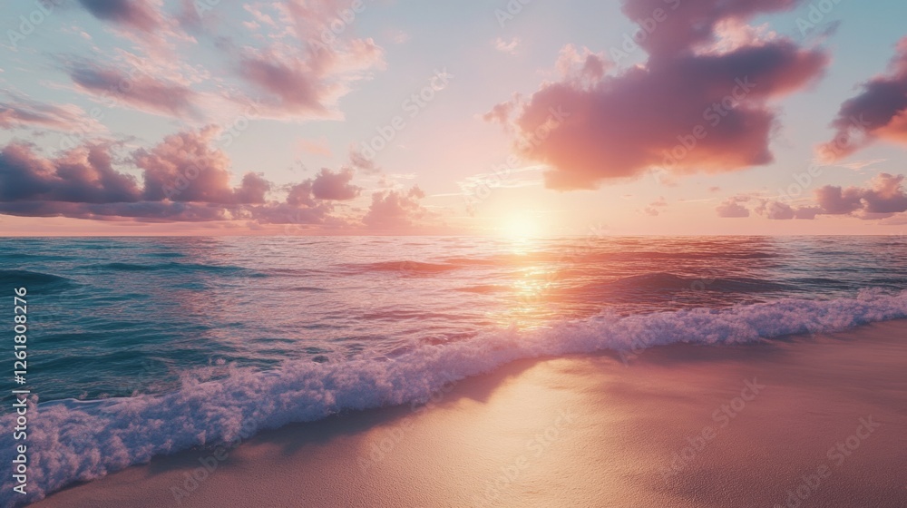 Fototapeta premium Radiant Ocean Sunset with Fluffy Clouds Casting a Warm Glow Over the Water and Sandy Beach