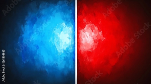 Vibrant blue and red abstract clash dramatically illuminated by intense light creating powerful contrast. AI Generated