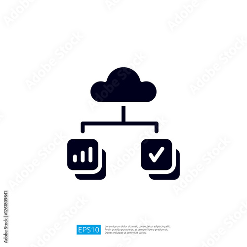 a cloud symbol connected to two icons representing data analysis and task completion, illustrating cloud computing and data management concepts. Illustration icon