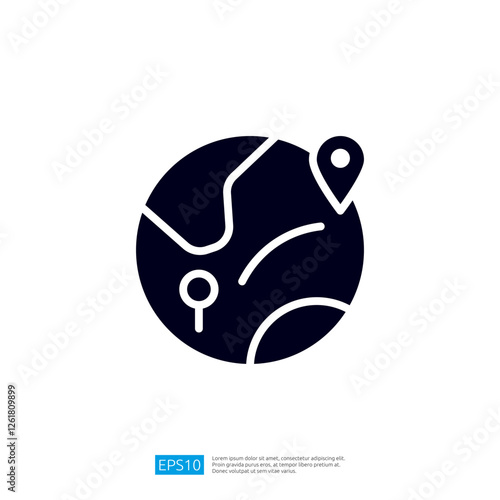 A minimalist graphic representation of a earth globe with location markers, symbolizing navigation and geography. Illustration icon