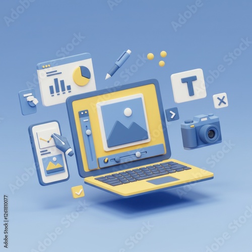 Cartoon Laptop with Photo Editing Application, Camera and Design Elements