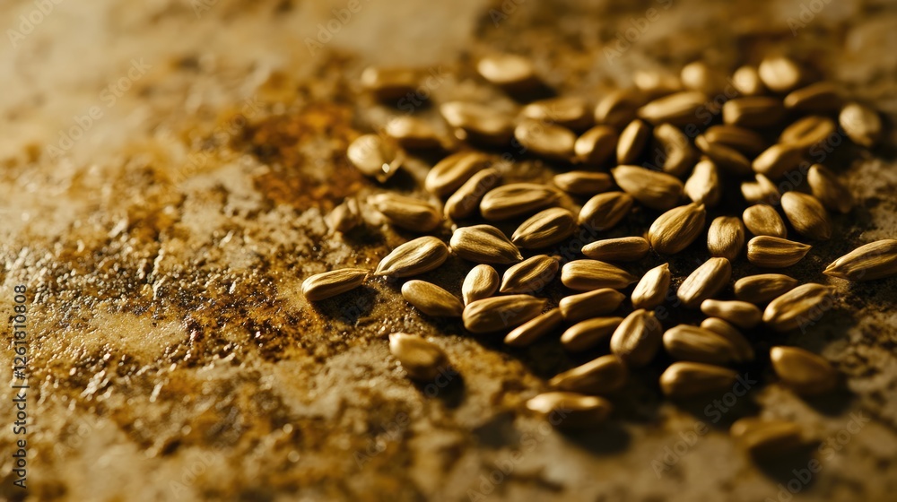 Obraz premium A close-up of sunflower seeds on a rustic kitchen countertop.