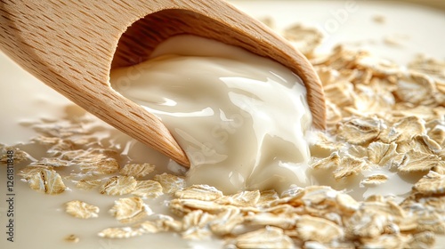 A delicate wooden scoop pouring colloidal oatmeal into a milk bath.