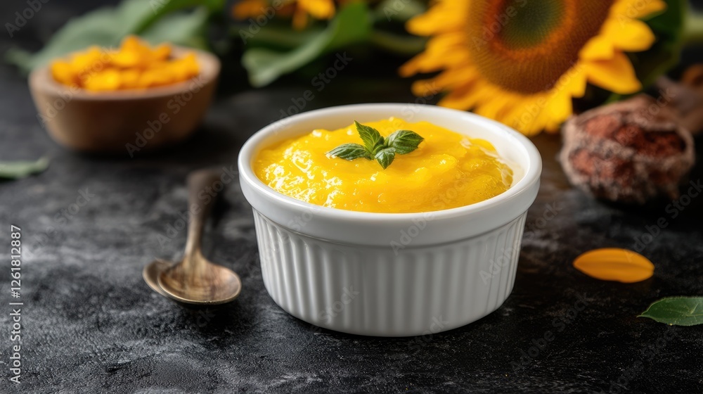 A fresh sunflower in the background with sunflower oil in a small dish.