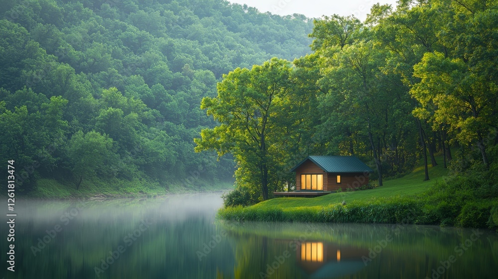 Fototapeta premium Tranquil lakeside cabin retreat, a serene island escape for nature lovers 