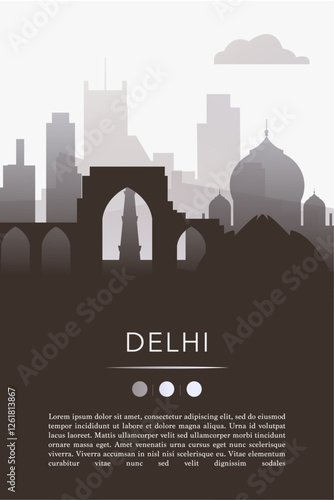Delhi city template for website, presentation, front page, invitation, publication sheet with skyline, landmarks. Vector India image layout, simple and grayscale