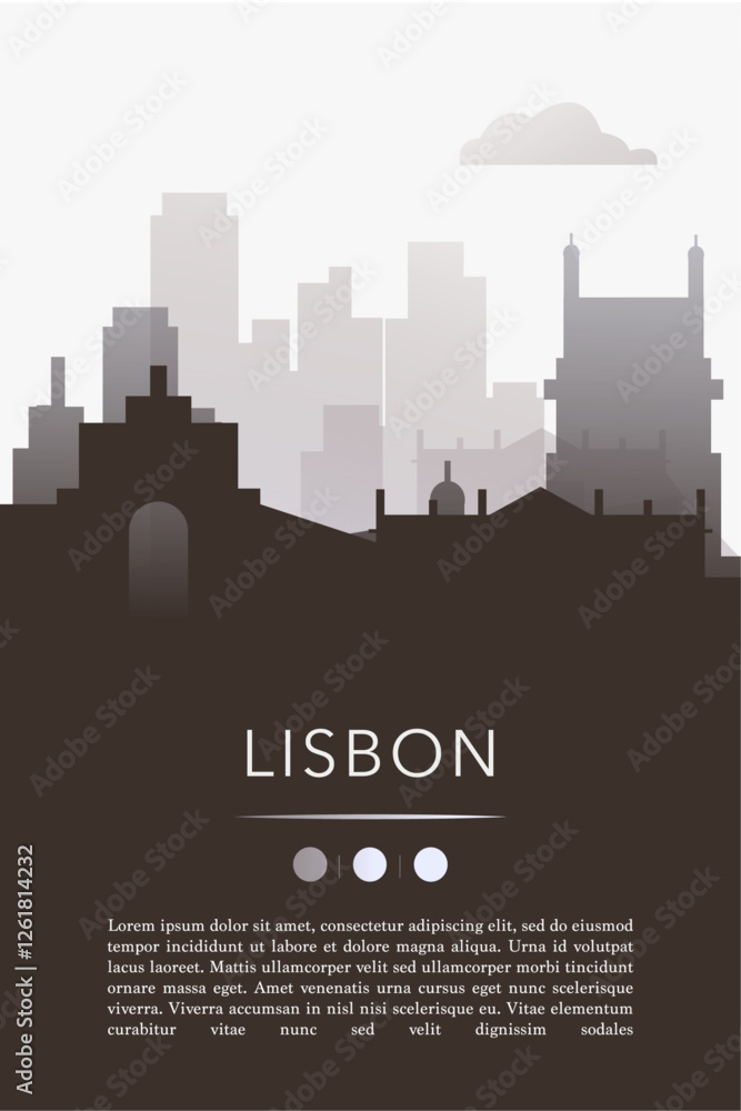 Naklejka premium Lisbon city template for website, presentation, front page, invitation, publication sheet with skyline, landmarks. Vector Portugal image layout, simple and grayscale