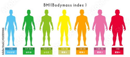 男性のBMI 肥満指数 ボディマス指数のイラストセット 全身正面