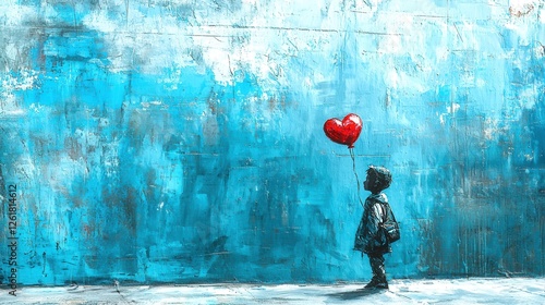 Child Holding Red Balloon By Textured Blue Wall with Multiple Textures