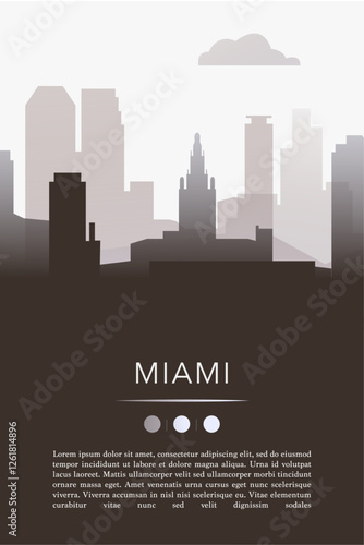Miami city template for website, presentation, front page, invitation, publication sheet with skyline, landmarks. Vector Florida state, USA image layout, simple and grayscale
