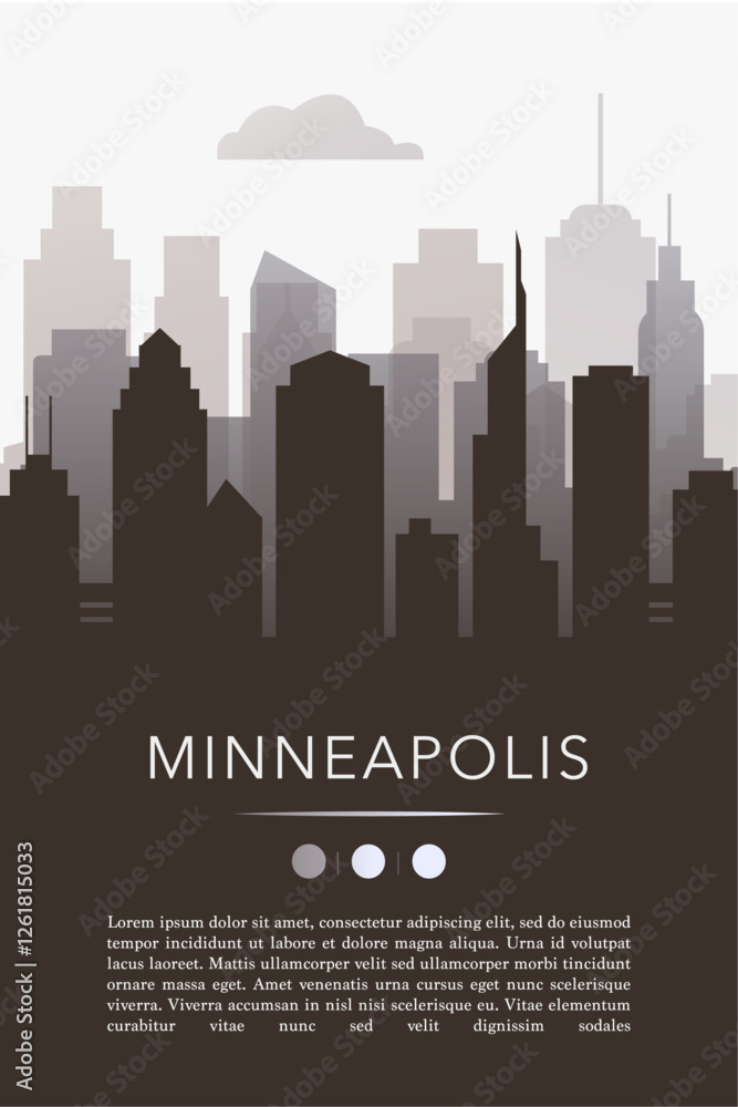 Naklejka premium Minneapolis city template for website, presentation, front page, invitation, publication sheet with skyline, landmarks. Vector Minnesota state, USA image layout, simple and grayscale