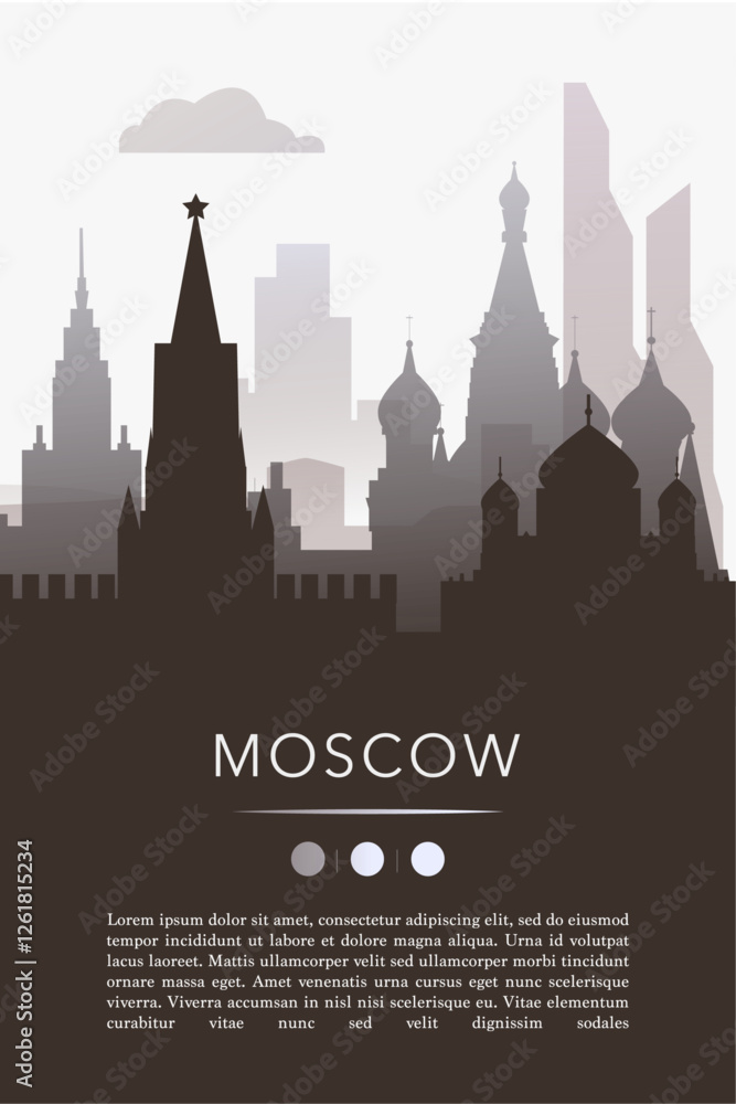 Naklejka premium Moscow city template for website, presentation, front page, invitation, publication sheet with skyline, landmarks. Vector Russia image layout, simple and grayscale