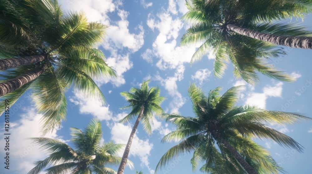 Tropical Paradise Canopy View of Palm Trees Against a Fluffy Cloudy Blue Sky Summer Day Tropical Paradise Canopy View of Palm Trees Against a Fluffy Cloudy Blue Sky Summer Day