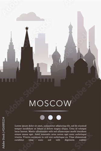 Moscow city template for website, presentation, front page, invitation, publication sheet with skyline, landmarks. Vector Russia image layout, simple and grayscale